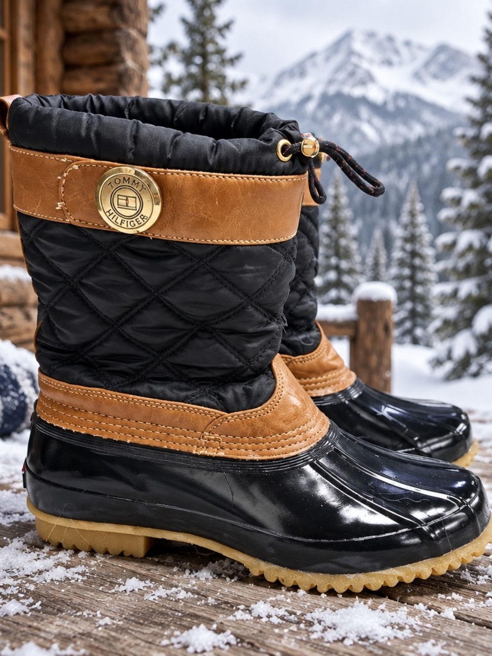 Tommy Hilfiger Black and Tan Quilted Winter Duck Boots